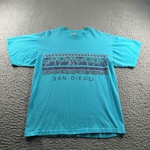 Vintage San Diego T-Shirt Mens M Teal 1991 Palm Trees Graphic Single Stitch